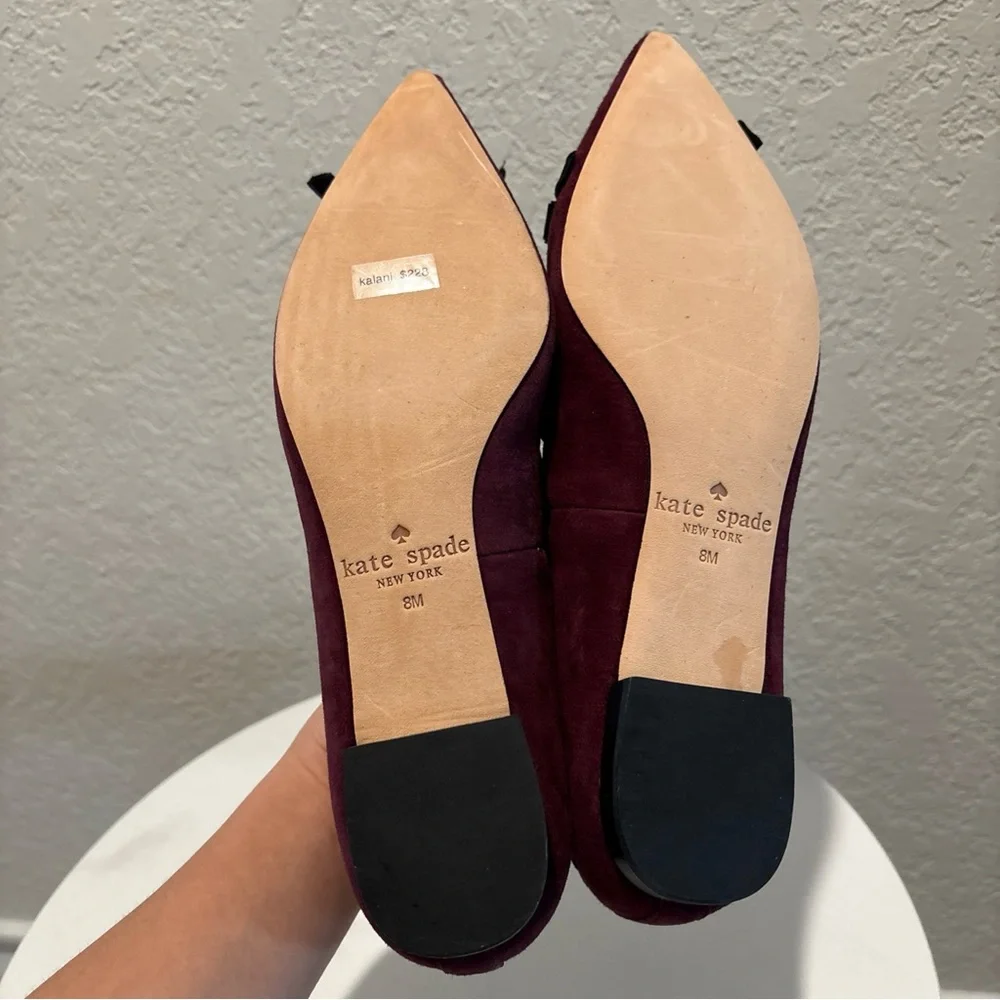 kate spade Burgundy Suede Pointed-Toe Flats with Black Ribbon Trim